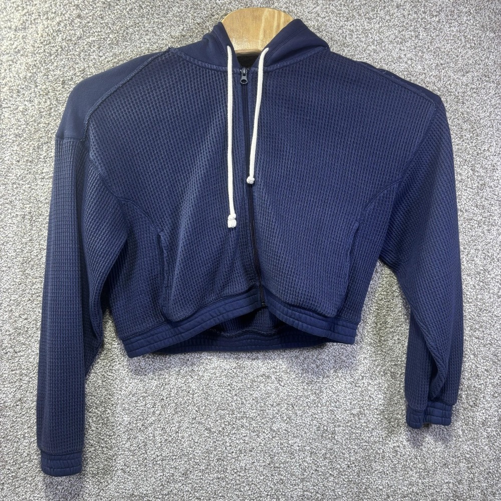 Aerie Hoodie Womens Medium Blue Thermal Full Zip Cropped Raglan Pockets Knit